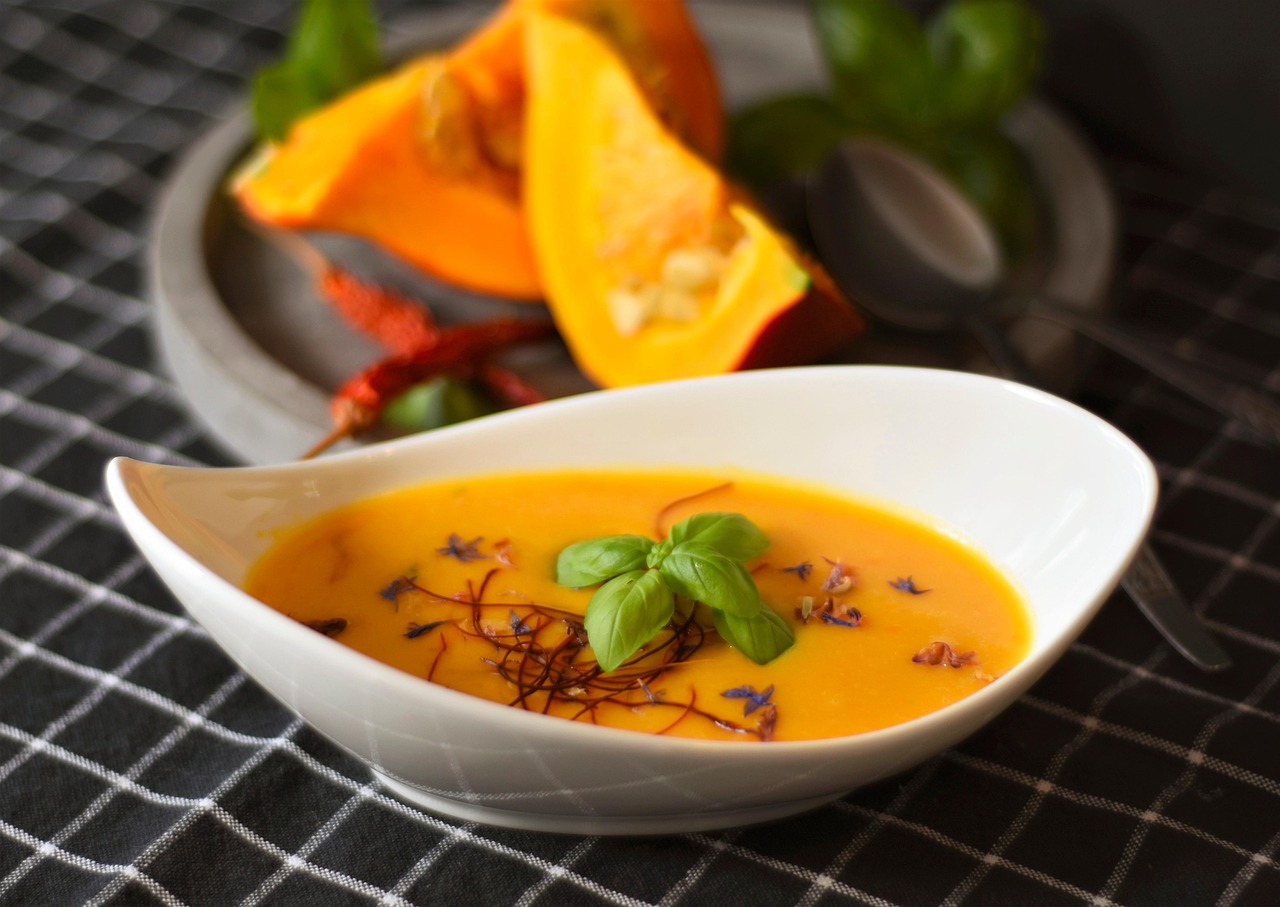 Pumpkin soup, courtesy RitaE on Pixabay https://pixabay.com/photos/soup-pumpkin-soup-food-dish-meal-5605053/