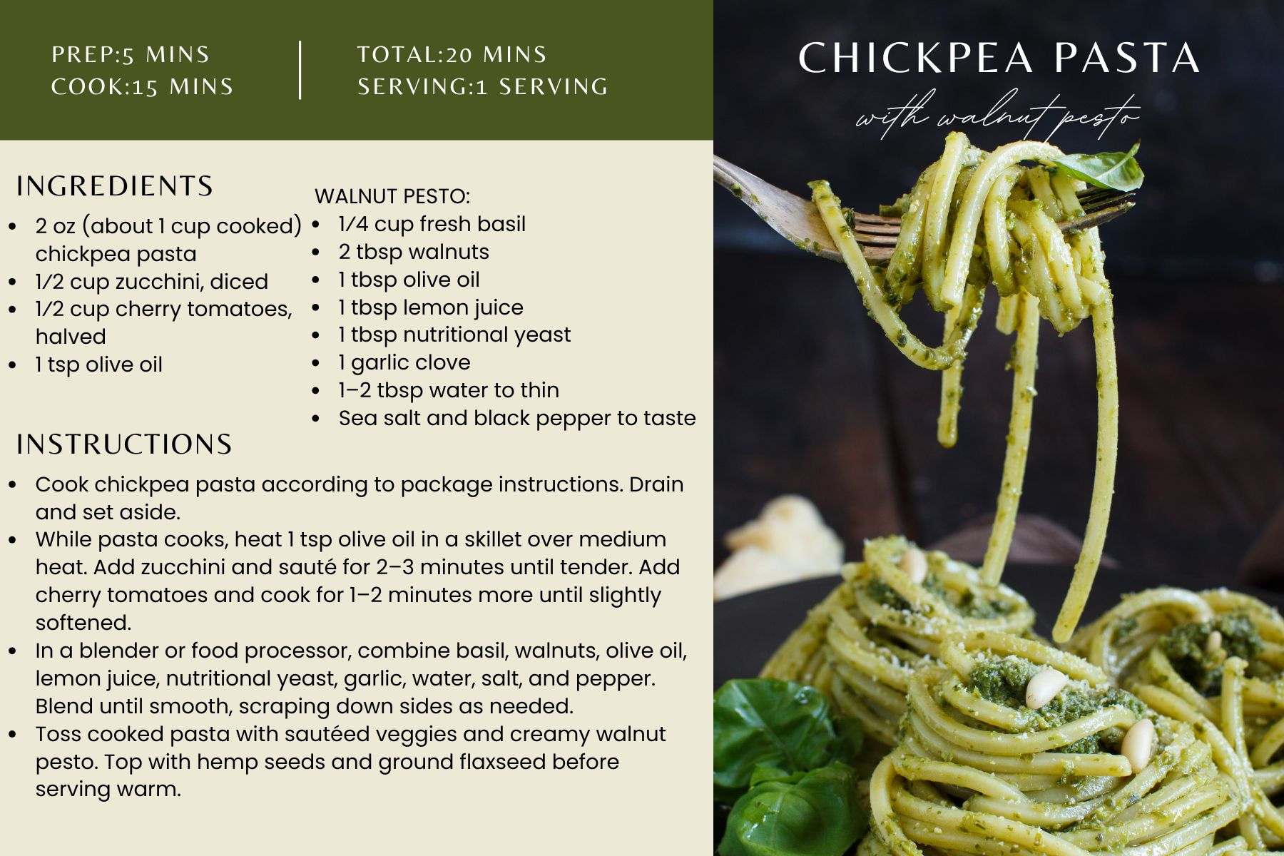 Chickpea pasta with walnut pesto