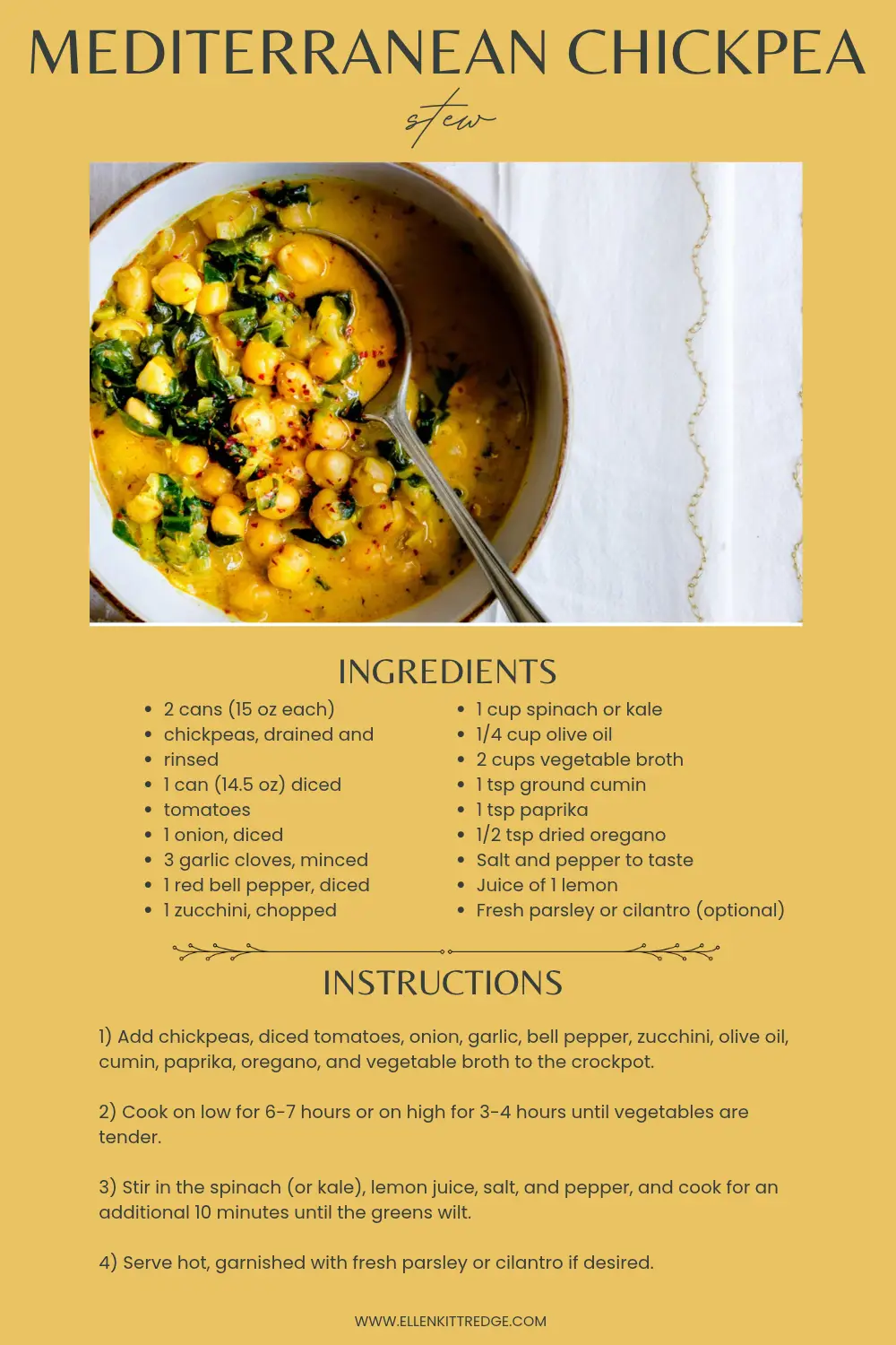 White and brown pot of golden chickpea stew with spinach and herbs on mustard-yellow background, ladle inside bowl.
