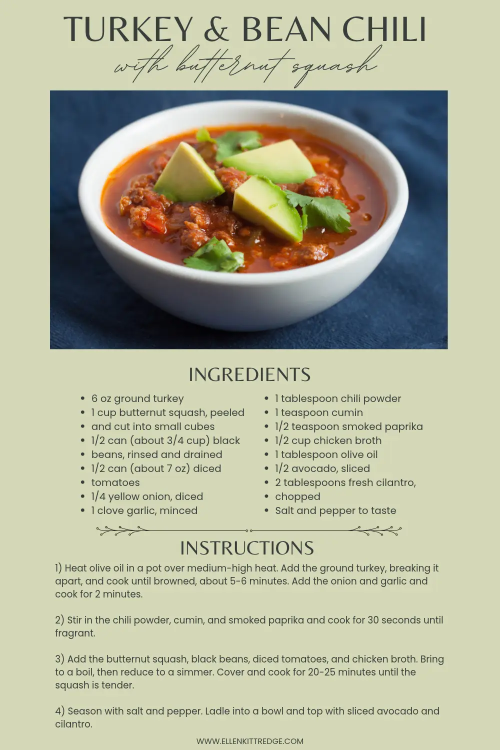 White bowl of red turkey and bean chili topped with butternut squash cubes and fresh cilantro on dark teal surface.